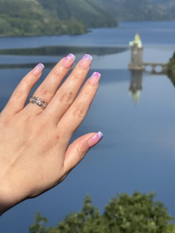 Engaged! Matt took Carolyn to the lake that flooded a Welsh town in 1888 so Liverpool had water.  Getting down on one knee on the bridge across Lake Vyrnwy during the sunset, 8 years later on the date they met. 